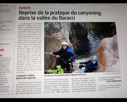 Article dans le Corse matin parlant de la reprise du Canyoning en Corse du Sud à Propriano avec Baracci Natura