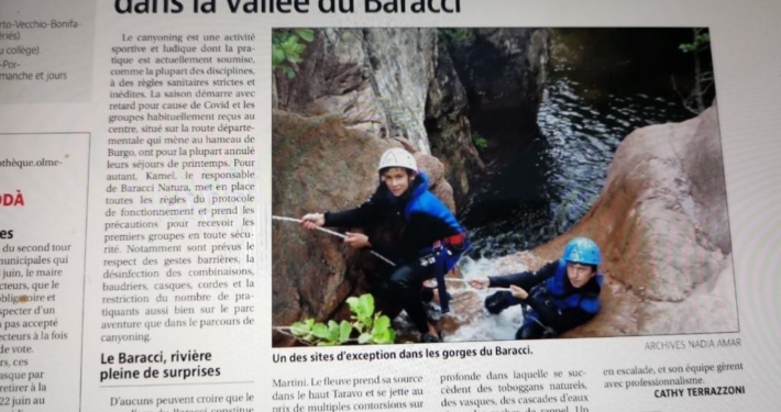 Article dans le Corse matin parlant de la reprise du Canyoning en Corse du Sud à Propriano avec Baracci Natura